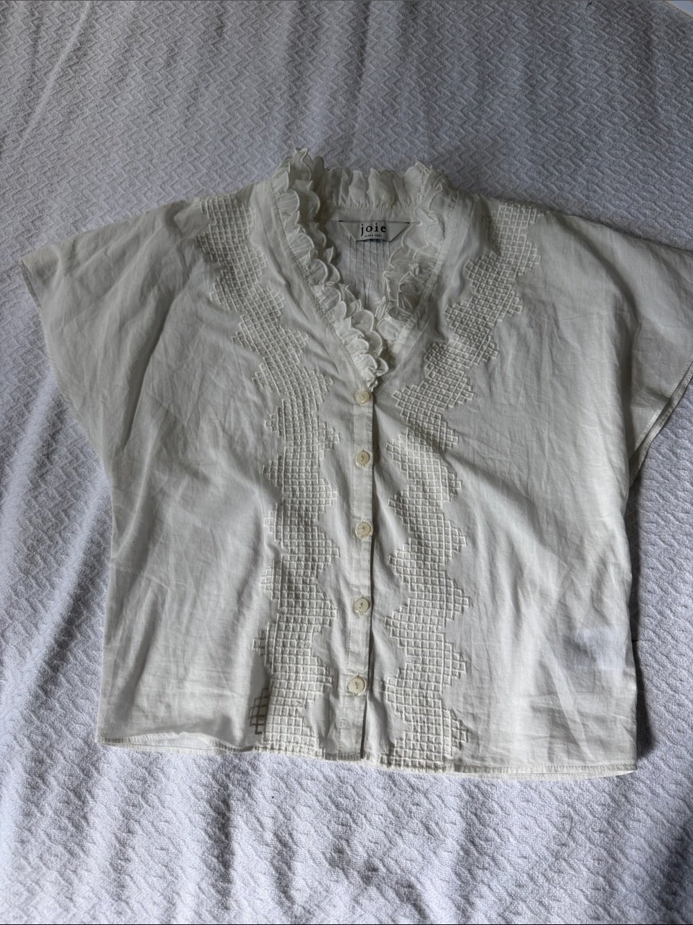 Joie Cream Ruffled Embroidered Button Blouse